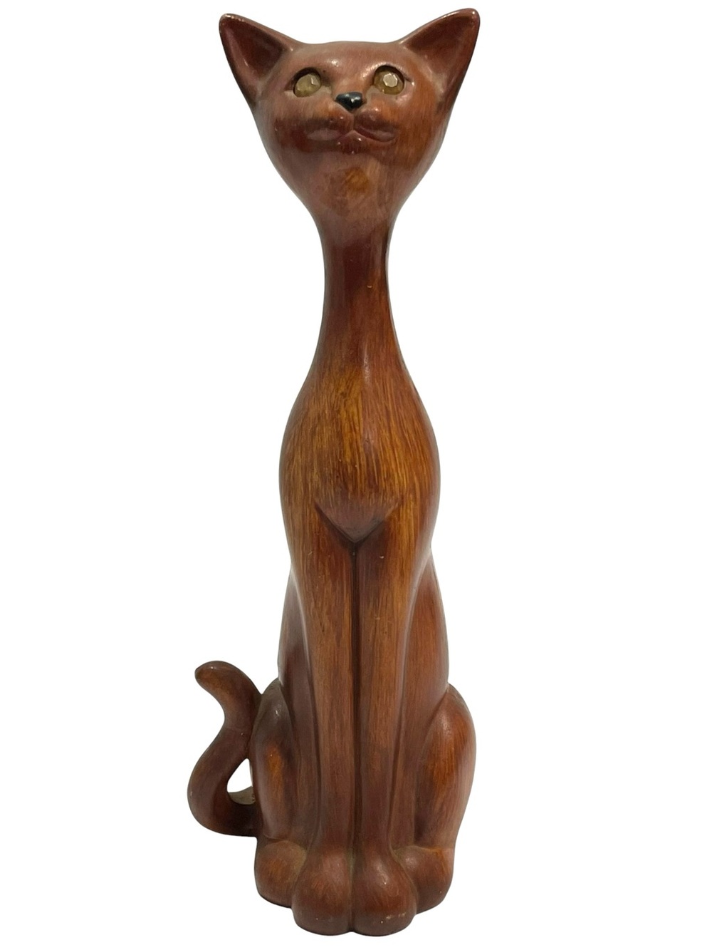 Vintage 1970s Wood Grain Resin Siamese Cat Figurine Rhinestones Eyes